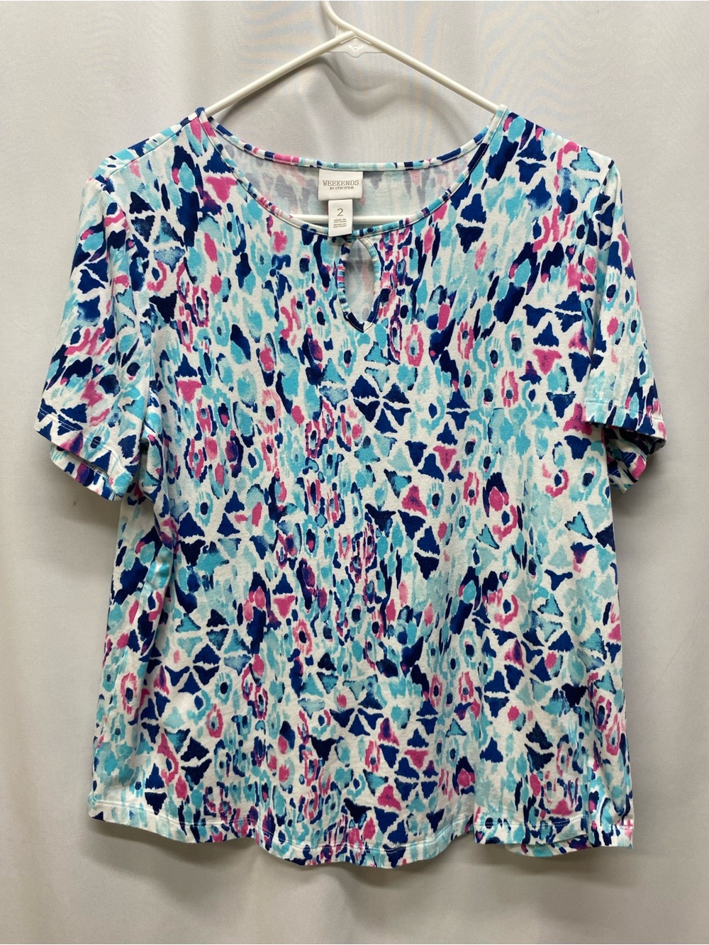 Chico's large 2 Ikat print shirt short sleeve colorful summer blue pink summer